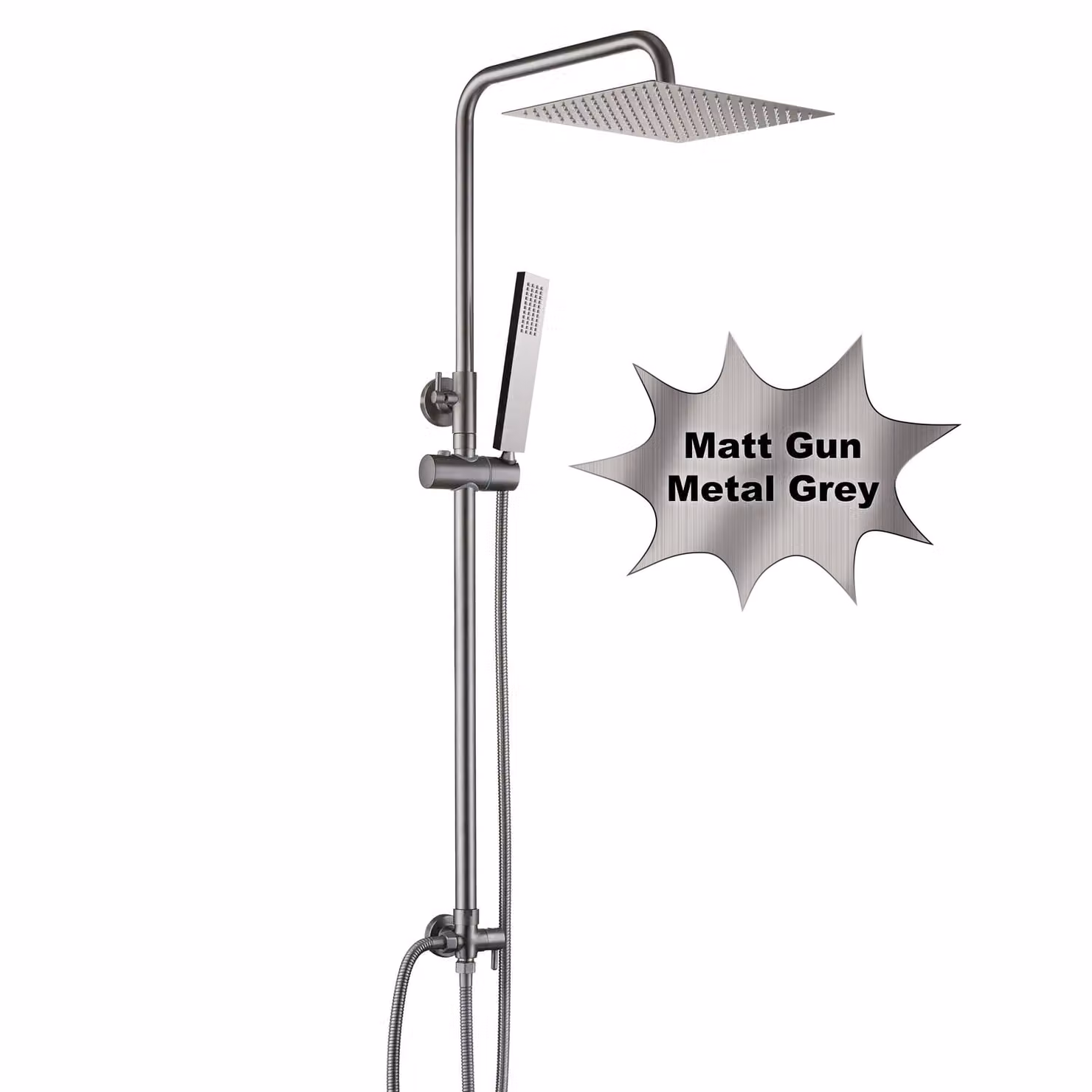 JOHO Set doccia in acciaio inox senza rubinetto, doccia a pioggia Sistema doccia con soffione, asta doccia, flessibile doccia, soffione angolare 25x25cm Grigio canna di fucile