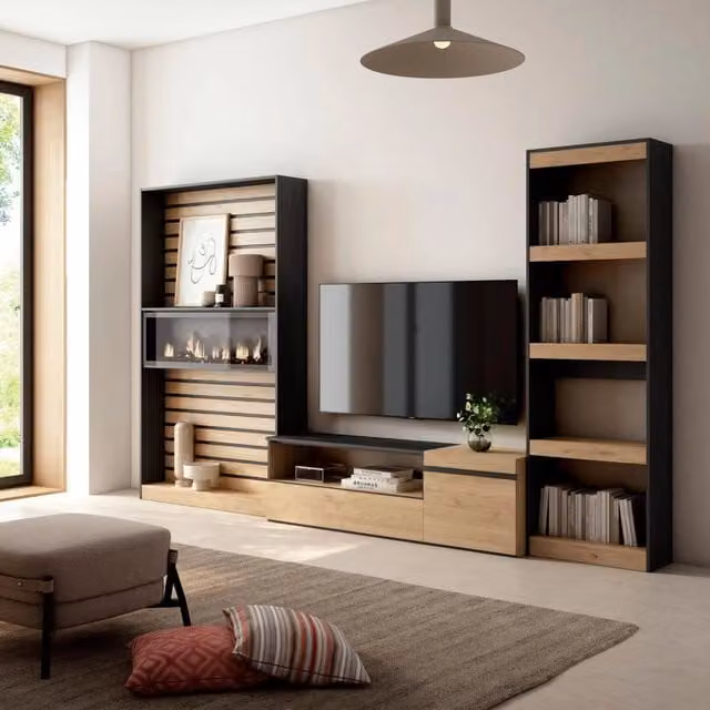 Mobile TV per soggiorno con camino elettrico SKRAUT HOME, colore Rovere e nero, L: 320 cm, P: 35 cm, H: 186 cm