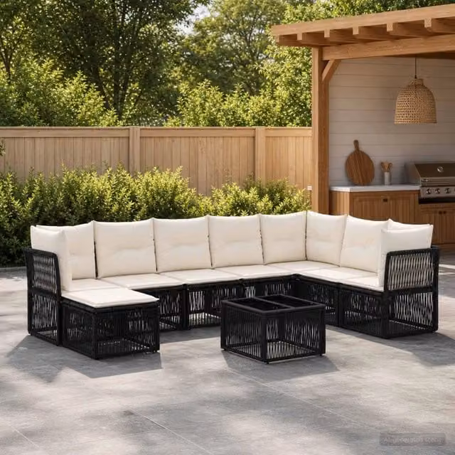 Set Divano da Giardino a L con Poltrona, Tavolino e Pouf vidaXL, 9 Pezzi, Nero