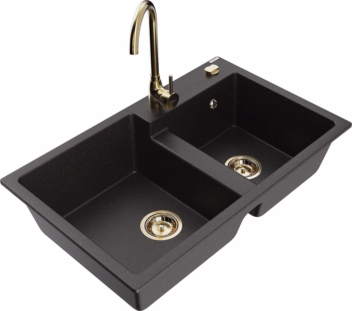 Mexen Tomas lavello in granito a 2 vasche con rubinetto da cucina Telma, nero/oro metallizzato - 6516-75-670200-50