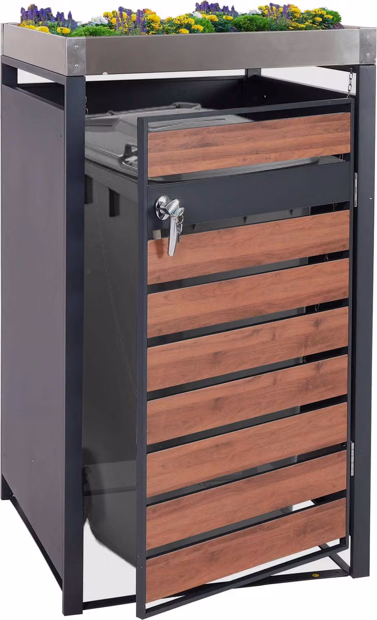1 coperchio per cestino con fioriera HWC-J81, espandibile, 125x68x80cm metallo 31kg, antracite ~ aspetto ciliegio