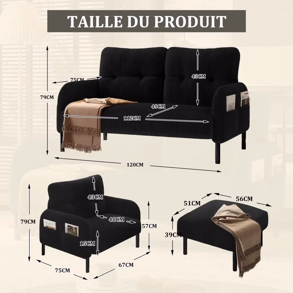 Set da soggiorno MIVRAY composto da divano a 2 posti, poltrona e pouf in velluto a coste nero con struttura in metallo e legno – 2