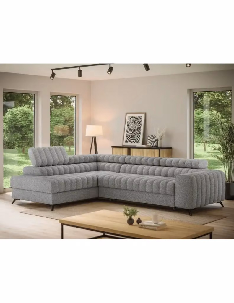 Divano ad angolo con funzione letto Meublorama collezione KANEDOJO colore Grigio con struttura in legno e metallo e poggiatesta regolabile – 2