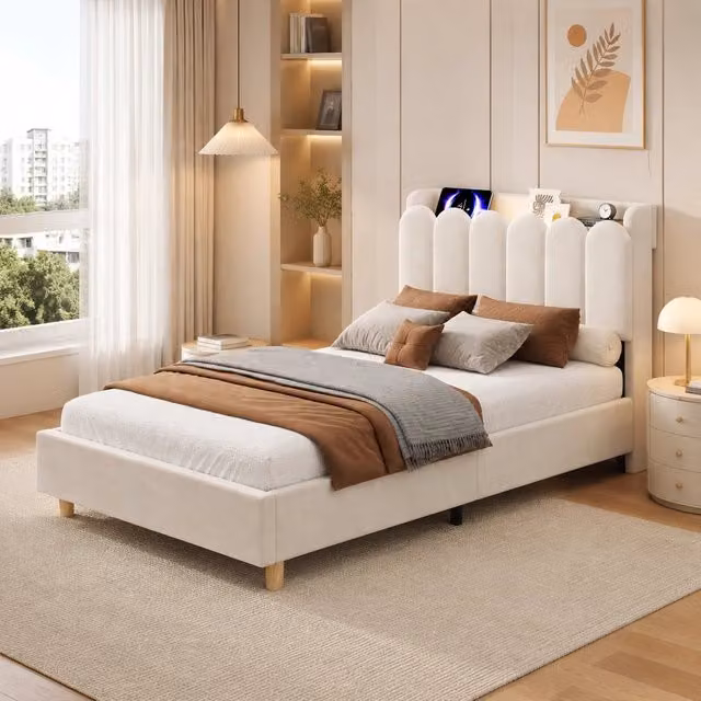 Letto singolo imbottito Minimal in velluto beige con rete a doghe, porta USB-C, lampada di lettura e scomparti laterali, L/P/H: 90 x 200 x 136 cm
