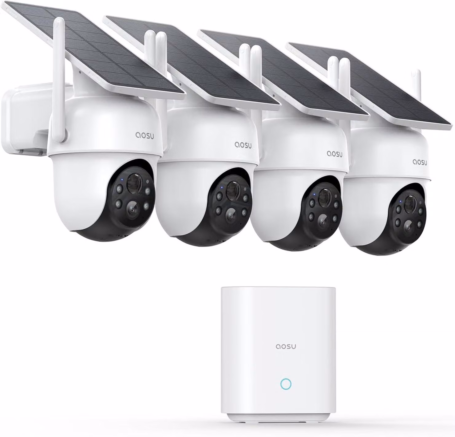 Telecamera di sicurezza 2K, Wi-Fi, per uso esterno, wireless, set di 4 telecamere con base aosuBase, senza costi mensili, rotazione a 360° con tracciamento automatico, telecamera solare da 3 MP