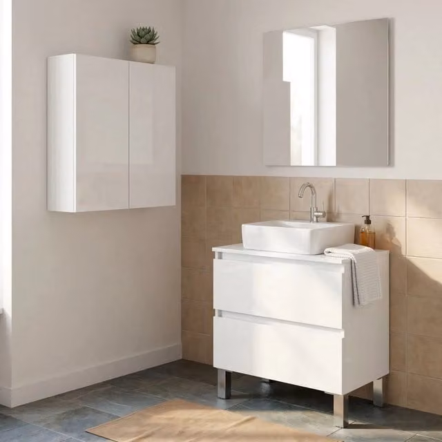 DMORA Set Mobili Bagno Moderno Bianco Lucido con Mobile Lavabo e Pensile L/P/H: 60 x 40 x 63.5 cm – 1