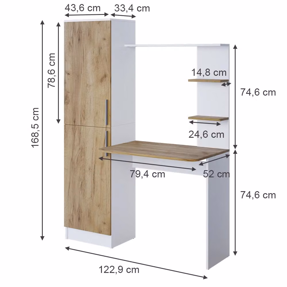 Scrivania moderna con ripiani Vicco, colore bianco e rovere, L: 122.9 cm, P: 52 cm, H: 76.5 cm – 2