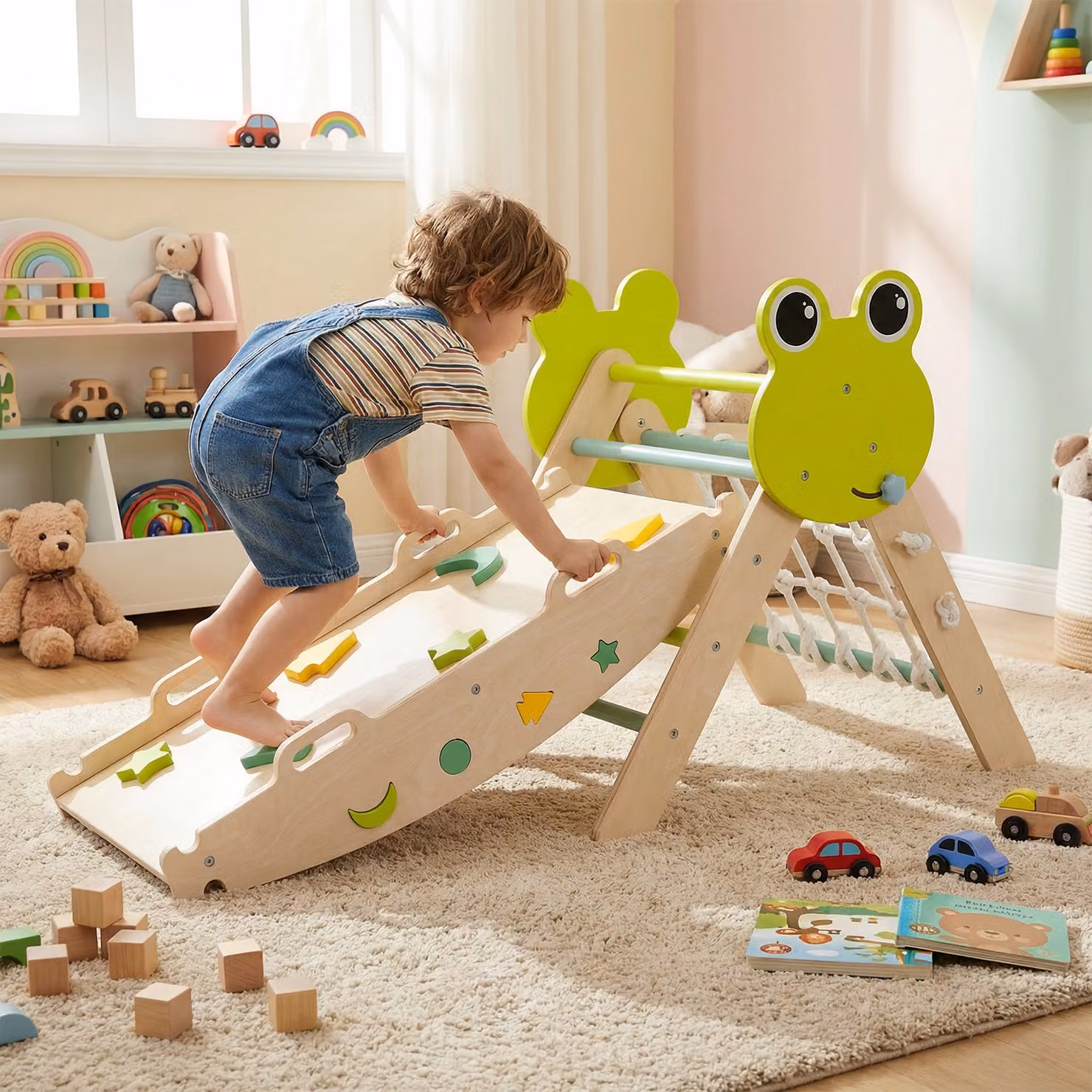 Set di arrampicata Montessori Costway pieghevole in legno multicolore con triangolo giungla, rampa e scalatore per bambini