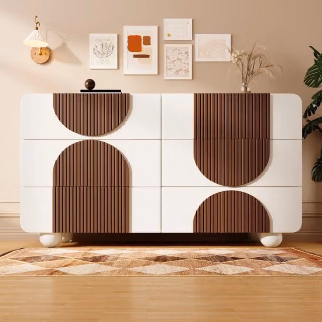 Cassettiera con 6 cassetti e dispositivo antiribaltamento, design curvo, per soggiorno, bianca, 121 × 41 × 71 cm