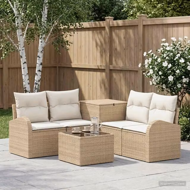 Set di divani da giardino vidaXL in stile moderno con struttura in metallo e cuscini beige e bianco crema, composto da 6 pezzi con elemento angolare, pouf e tavolino da caffè in vetro