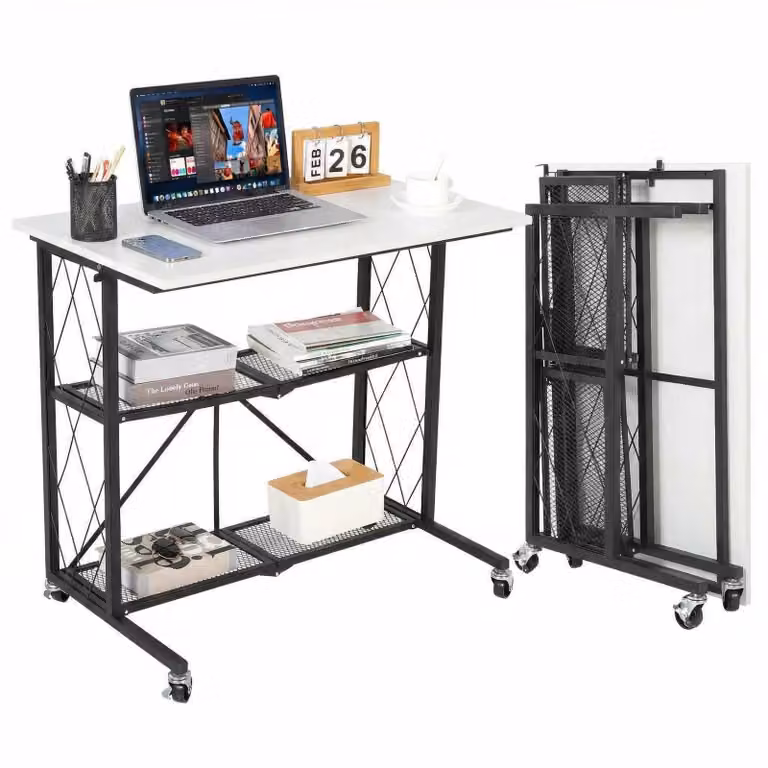 Scrivania pieghevole - Tavolino per laptop - 3 ripiani - Con rotelle - Struttura in metallo - Piano in legno - Assemblaggio richiesto - Bianco