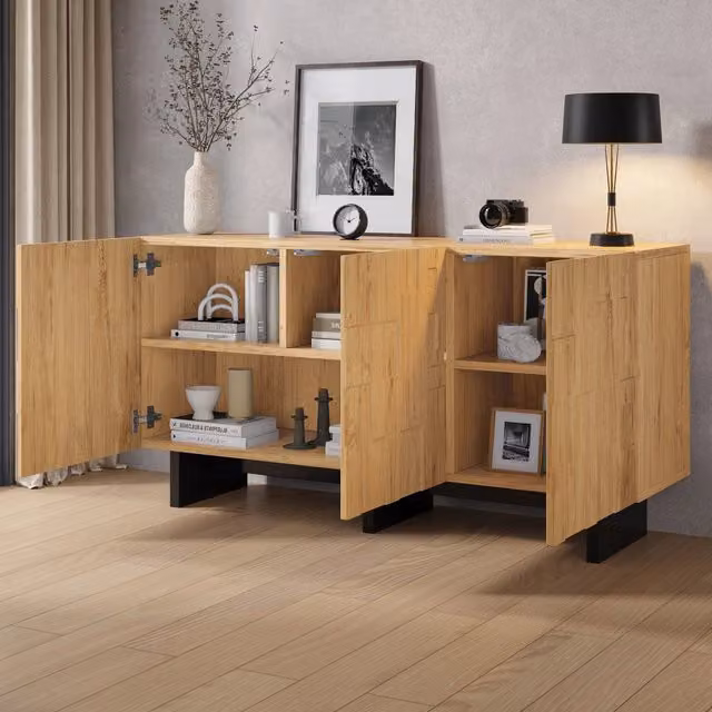 Desviae Credenza con 3 ante push to open e 5 vani in MDF e pannelli truciolari naturale base nera 140 × 40 × 70 cm