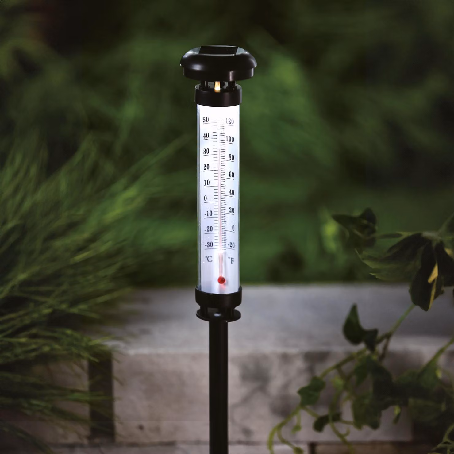 Termometro da giardino a energia solare con LED – Termometro analogico – LED bianco freddo – Ø 6,3 x 44,5 cm – Alimentazione solare – Con picchetto – Per giardino e esterni [11279]