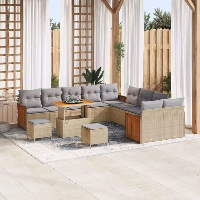 Set Divano da Giardino Moderno vidaXL a Forma a U con 13 Pezzi, Colore Beige e Grigio, Struttura in Acciaio Verniciato a Polvere e Cuscini Inclusi – 1