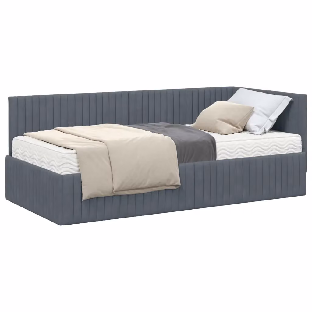 vidaXL Struttura Letto Angolare con 2 Materassi in Velluto Grigio L/P/H: 190 x 90 x 72 cm – 2
