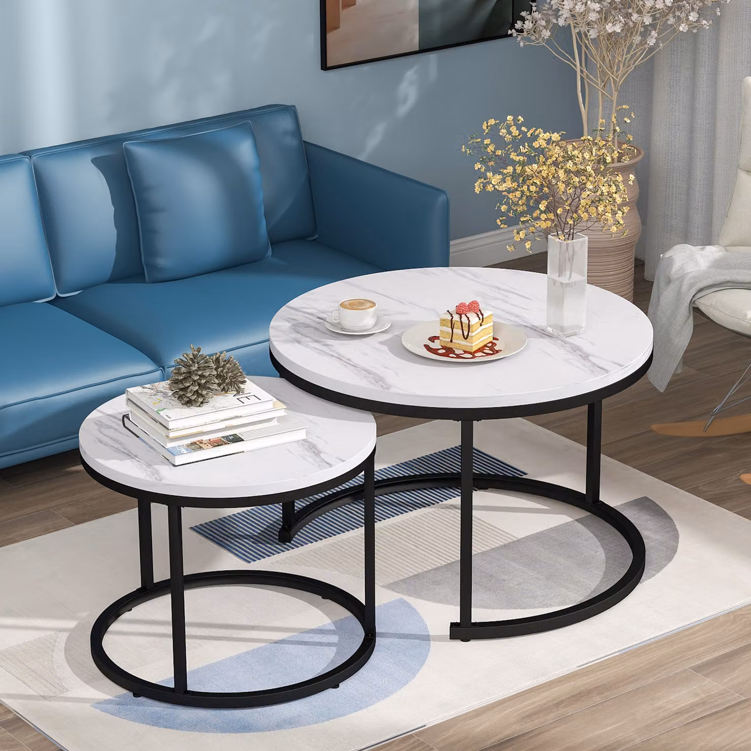 Abrihome Set di 2 tavolini con struttura in metallo, tavolino rotondo, bianco 71 x 50 cm (Ø x H)