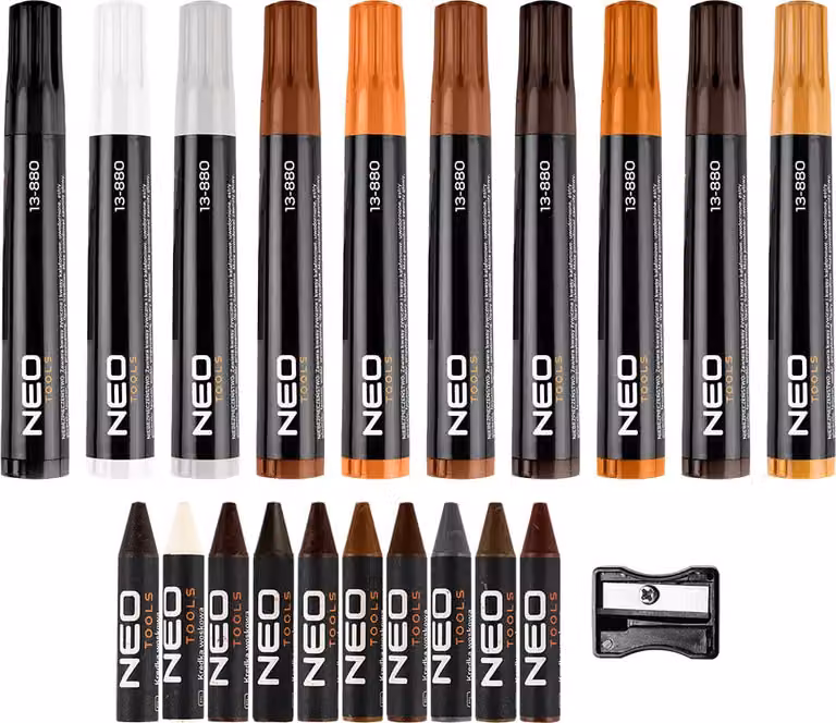 NEO TOOLS set per la riparazione dei mobili pennarelli per legno e pastelli a cera con temperino per macchie, graffi, pavimenti in legno, tavoli, scrivanie, 21 pezzi
