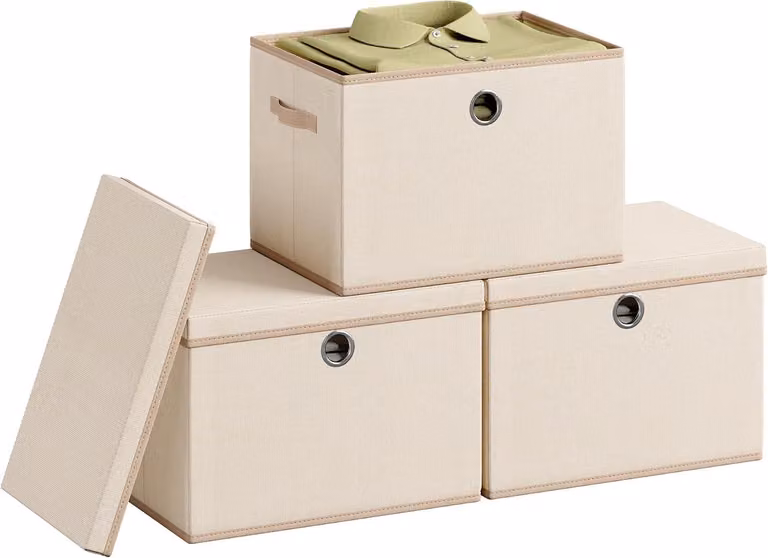 Contenitori con coperchio - Set da 3 - Pieghevoli - Impilabili - 43 x 30 x 30 cm - Color cappuccino