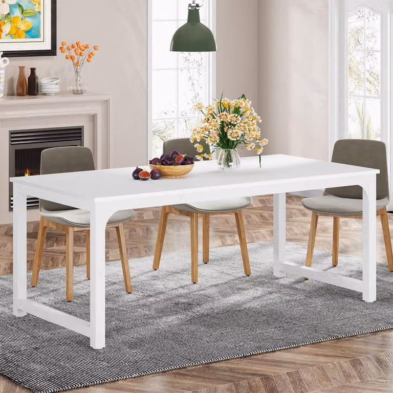 Tavolo da pranzo rettangolare, 180 x 80 x 75 cm, bianco, design industriale, gambe in metallo, per 4-8 persone