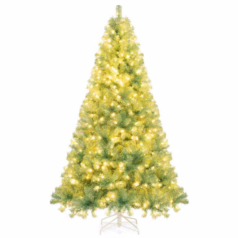 COSTWAY 225cm albero di Natale artificiale con LED bianco caldo, 8 modalità e supporto in metallo, abete, albero di Natale, albero di Natale artificiale per la casa