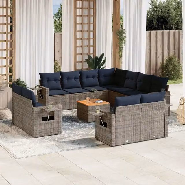 Set di Divani da Giardino vidaXL in Polyrattan Grigio e Blu con Cuscini e Tavolino da Esterno – 1