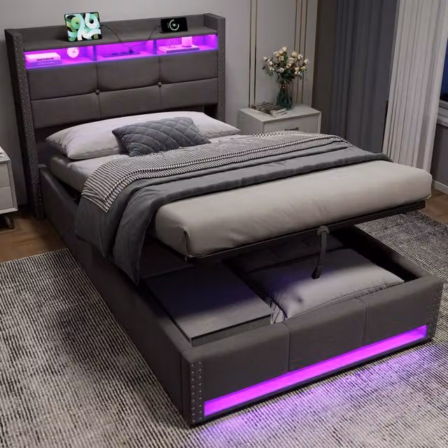 Letto imbottito 90 x 200 cm con contenitore idraulico, testiera regolabile, luce LED e ricarica USB, grigio scuro