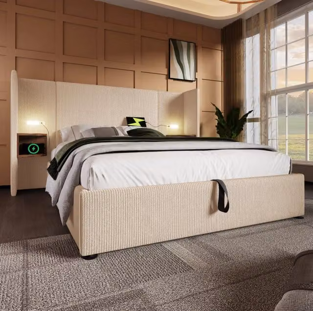 Letto 160x200 cm con contenitore; lampada da lettura e ricarica USB Type-C in velluto a coste