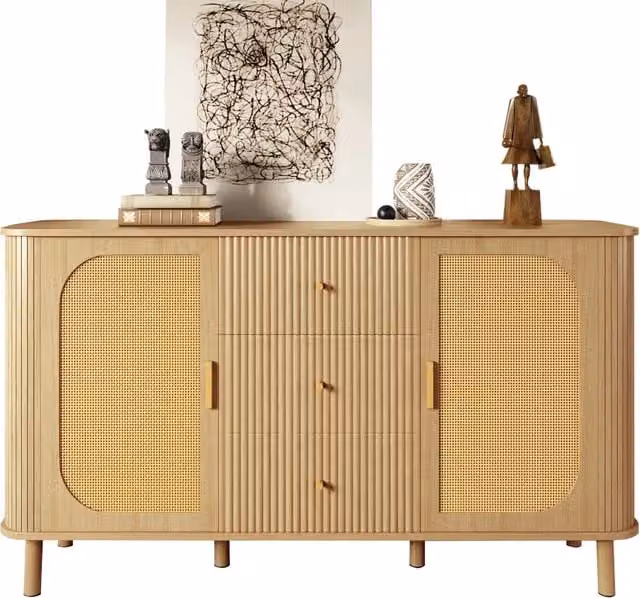 Sideboard moderno con cassetti, ripiani e gambe in metallo, effetto legno, mobile versatile per soggiorno
