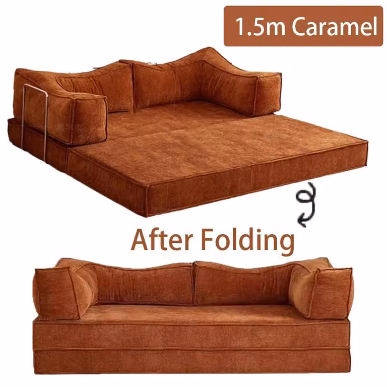 Divano modulare pieghevole - Divano letto, divano trasformabile, 1,5 metri - Forma a L - Struttura in metallo - Rivestimento in tessuto - Adatto per il soggiorno - Colore caramello