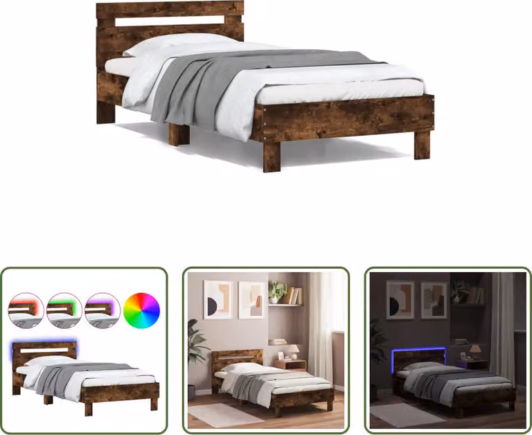 The Living Store Struttura letto con testiera e luci LED rovere fumé 100x200 cm