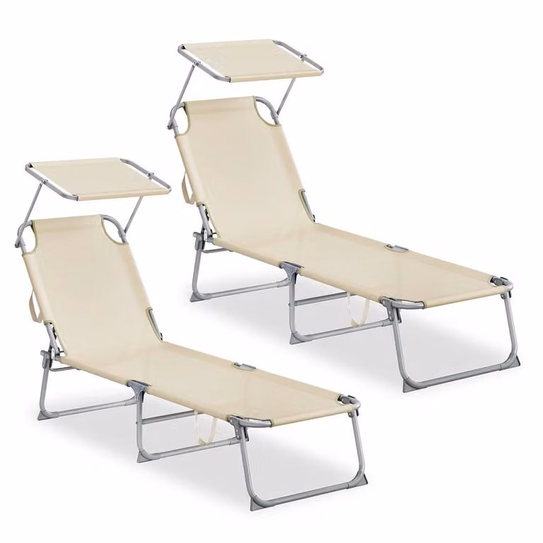 Sedie a sdraio pieghevoli con schienale e parasole regolabili, Beige
