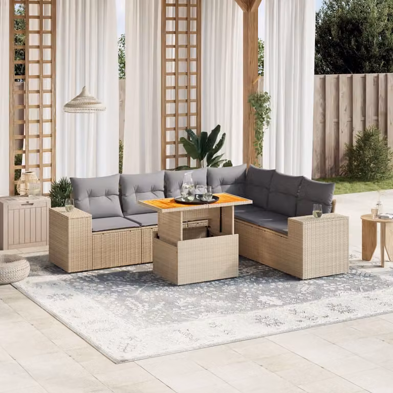 Set di divani da giardino vidaXL in polyrattan beige con cuscini, componibile a L per esterno e terrazza