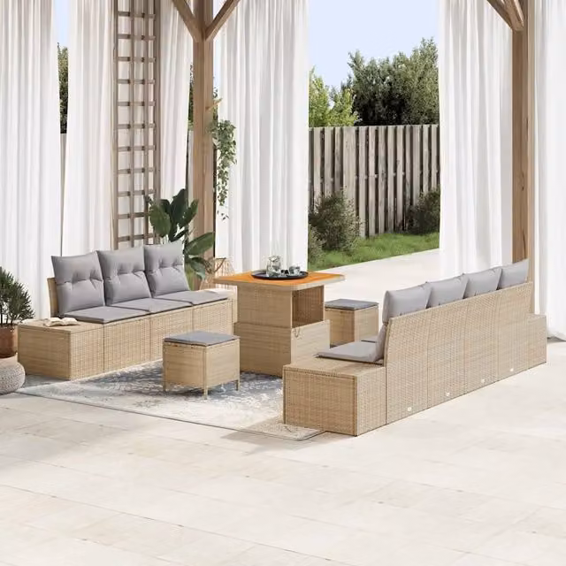 Set da giardino vidaXL composto da divano a 3 posti, tavolino, pouf, elementi angolari e cuscini in rattan beige con struttura in acciaio e legno di acacia