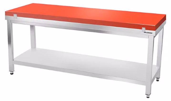 Tavolo da lavoro in acciaio inossidabile, dimensioni 1800x600 mm, con piano di taglio rosso PREMIUM - GOLDINOX