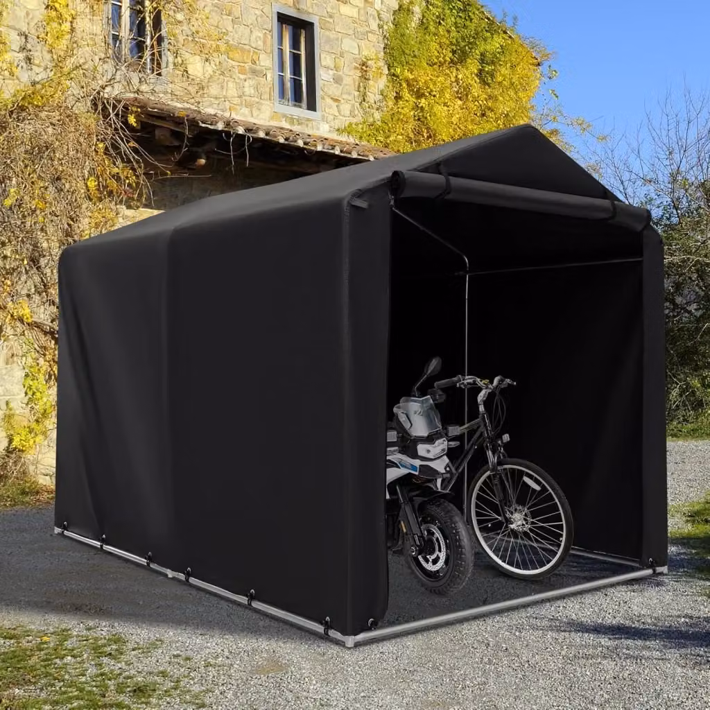 Capanno di Stoccaggio Esterno Costway con Carport e Porta a Rullo, Acciaio Zincato e Plastica, Grigio Scuro e Nero, L/P/H: 160 x 218 x 164 cm – 2