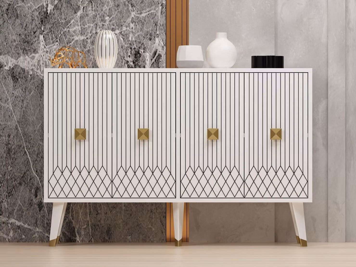 Skye Decor, Carbın - Bianco, Oro, Consolle, Bianco, 100% PANNELLI DI PARTICELLE RIVESTITI IN MELAMMINA, 120 x 30 x 80 cm