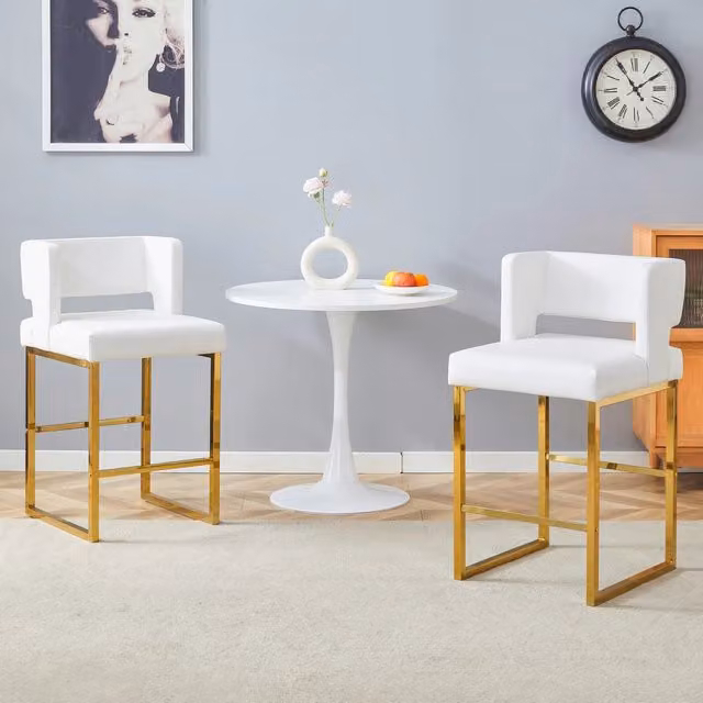 Sgabelli da bar moderni Zephmum in ecopelle bianca con gambe in metallo dorato e seduta rettangolare H: 91.4 cm, L: 48.0 cm, P: 53.3 cm