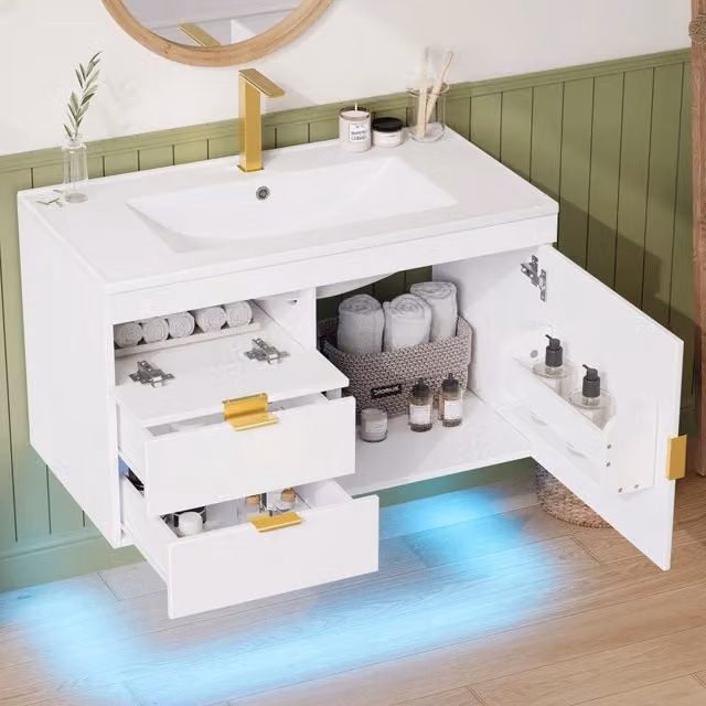 Mobile lavabo sospeso 76x46x51 cm in MDF bianco con LED per bagno –