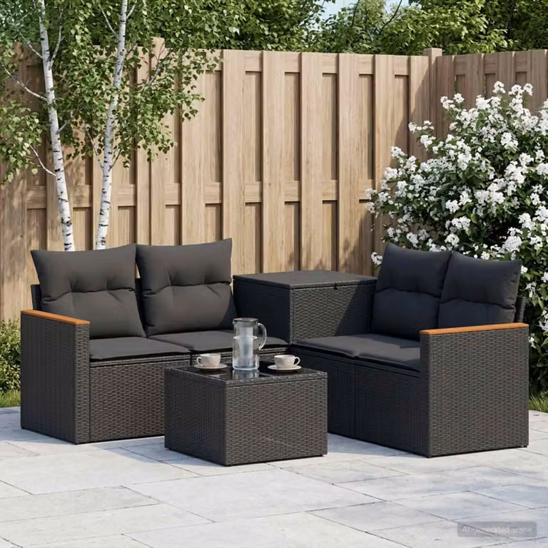 Set di divani da giardino vidaXL a forma di L composto da 6 pezzi in rattan sintetico e acciaio nero con cuscini inclusi