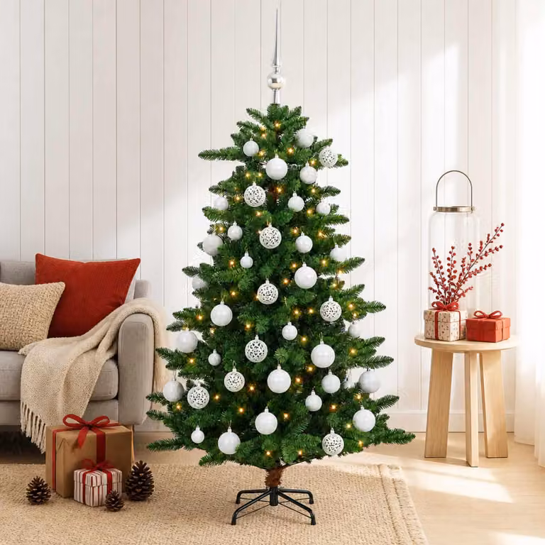 Albero di Natale artificiale con decorazioni a sfera, altezza 120 cm, 150 luci LED