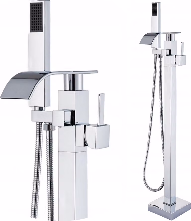 Rubinetto da bagno freestanding Ari con doccetta, beccuccio girevole 360 gradi, cartuccia Vetroceramica, cromato