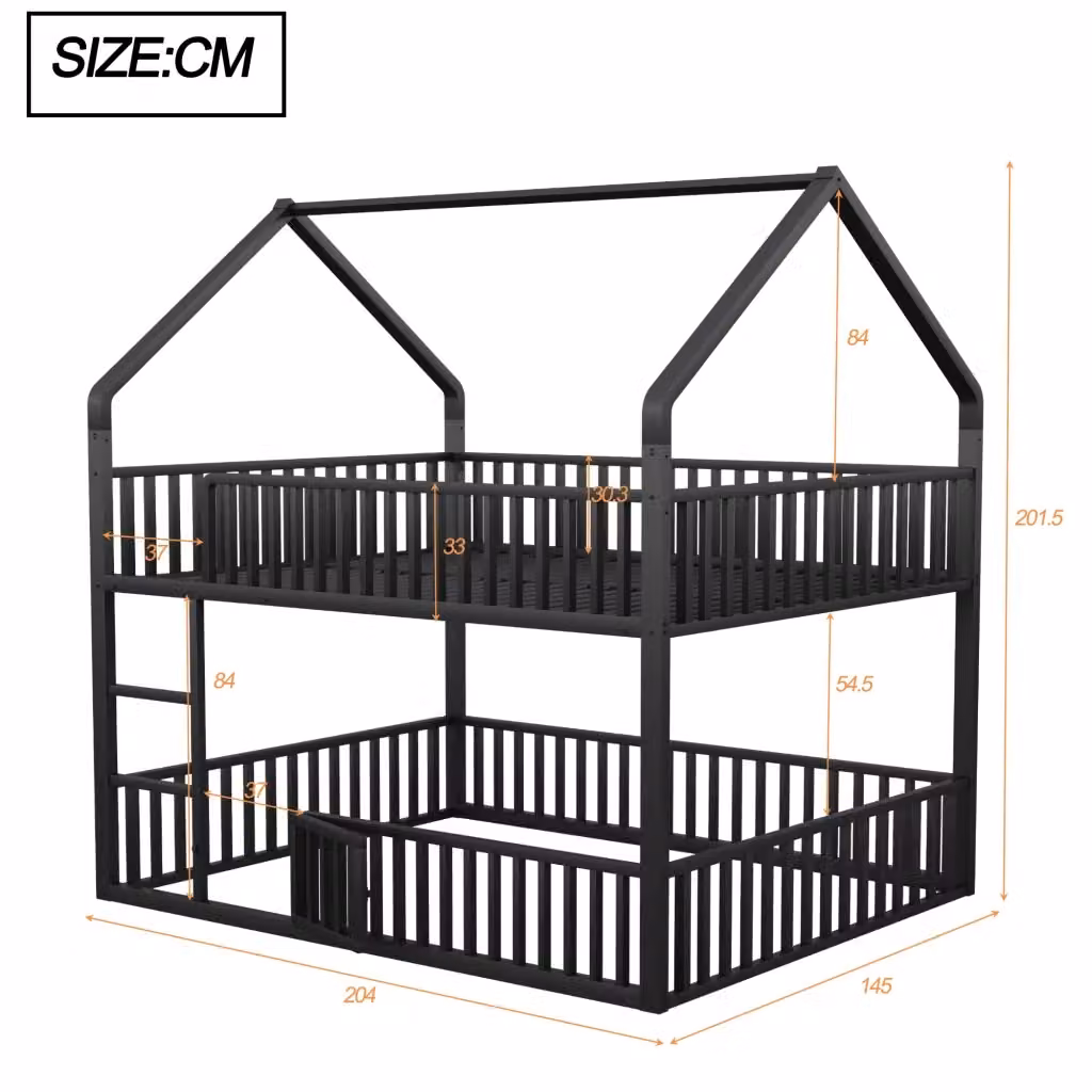 Letto a castello per bambini REDOM con struttura a casetta in metallo nero L/P/H: 140 x 200 cm – 2
