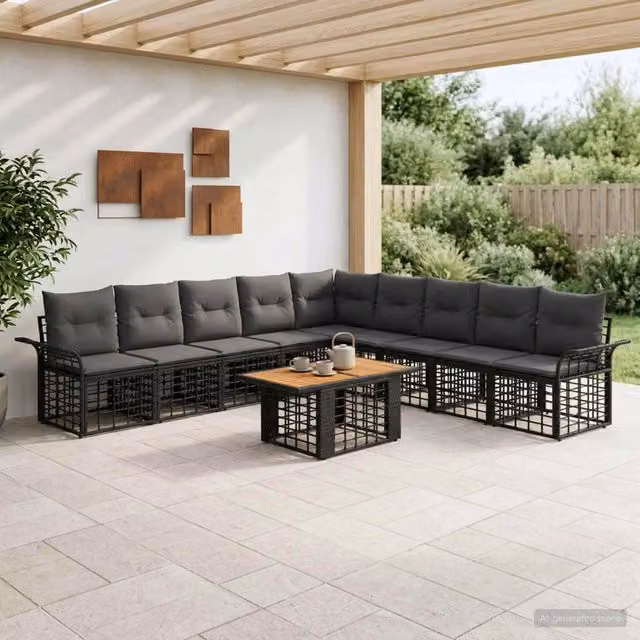 Set Divano da Giardino 10 pz Nero e Grigio scuro polyrattan 3437985