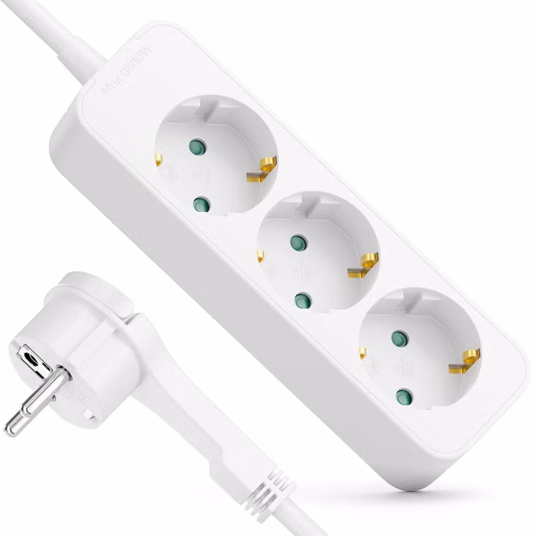 deleyCON Ciabatta multipresa con 3 prese, spina piatta, 3,0 metri, 3680W, 16A - Bianco - Dimensioni: 3 metri