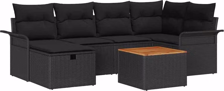 Set Divano da Giardino con cuscino 7 pcs Nero polyrattan
