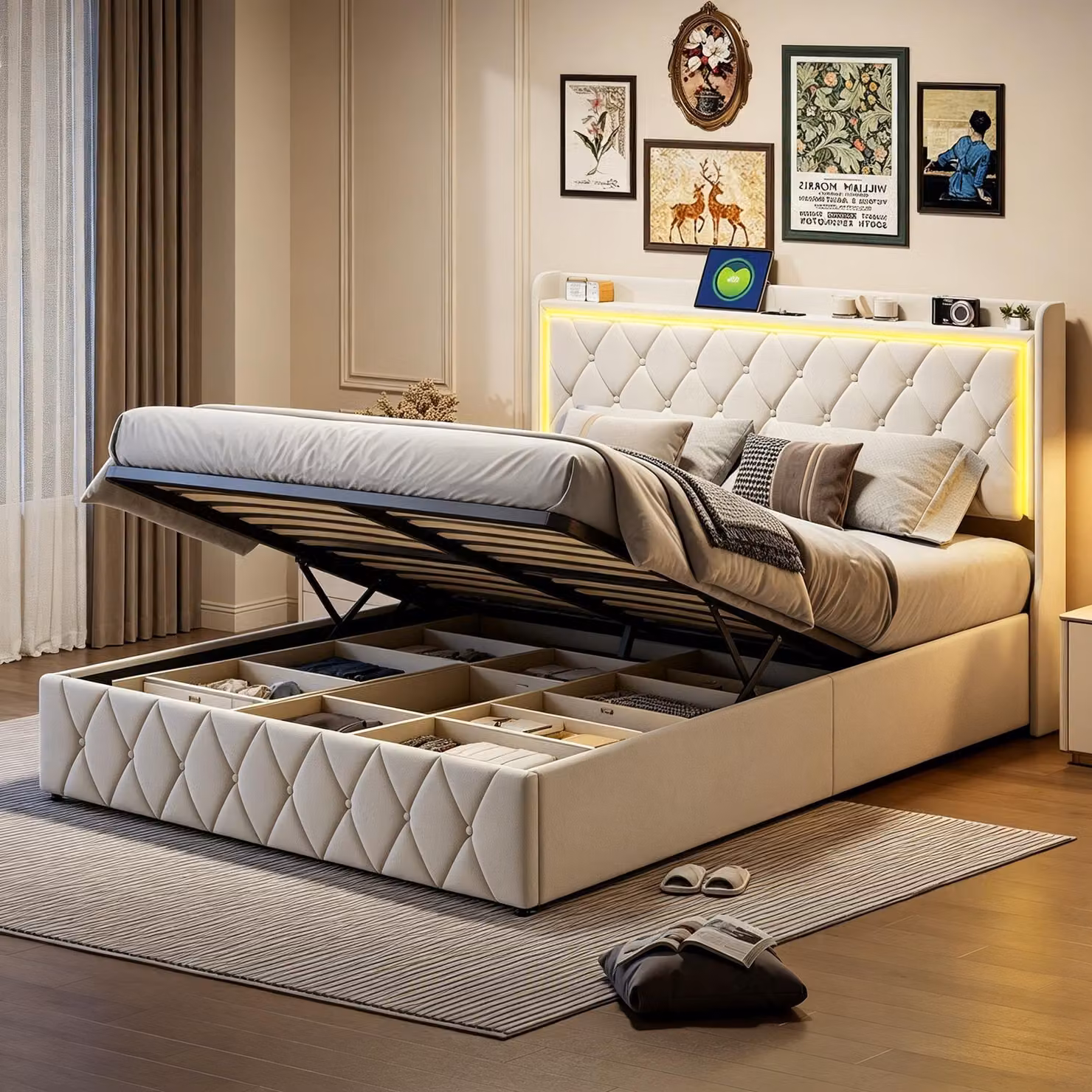Letto imbottito INONEFT 160x200 cm con LED e caricabatterie USB, letto a una piazza o a due piazze per giovani, con rete a doghe, contenitore, letto box con sistema idraulico, in velluto, color beige