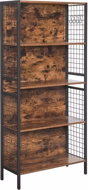 Libreria a 4 ripiani per libri e oggetti decorativi robusta struttura in acciaio con ganci a S marrone rustico e nero per soggiorno e camera da letto 12_0004247