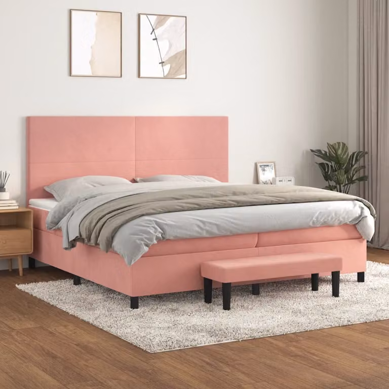 vidaXL Letto con Giroletto a Molle e Materasso Ibrido in Velluto Rosa e Bianco, L/P: 200 x 200 cm