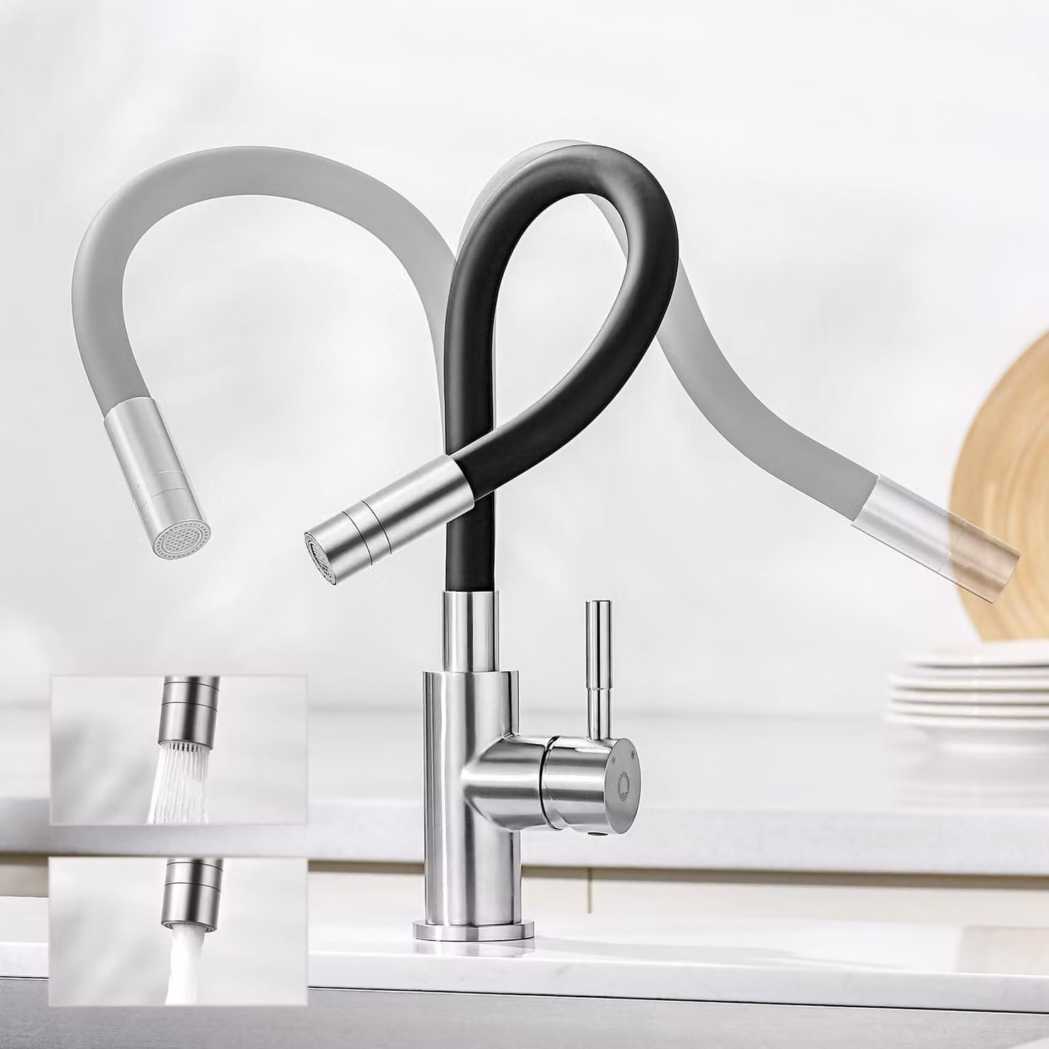 Miscelatore da cucina nero, flessibile, con 2 tipi di getto,  DVGW, in acciaio inossidabile 304