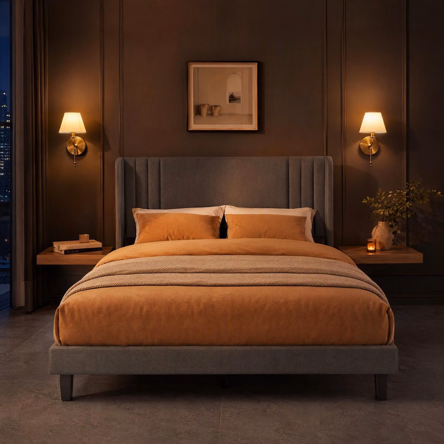 Letto imbottito ProximaX 160x200 cm, letto in tessuto grigio con testiera ad ali, robusta struttura con rete a doghe in legno, vano portaoggetti da 15 cm sotto il letto, silenzioso e stabile, facile da montare per la camera da letto
